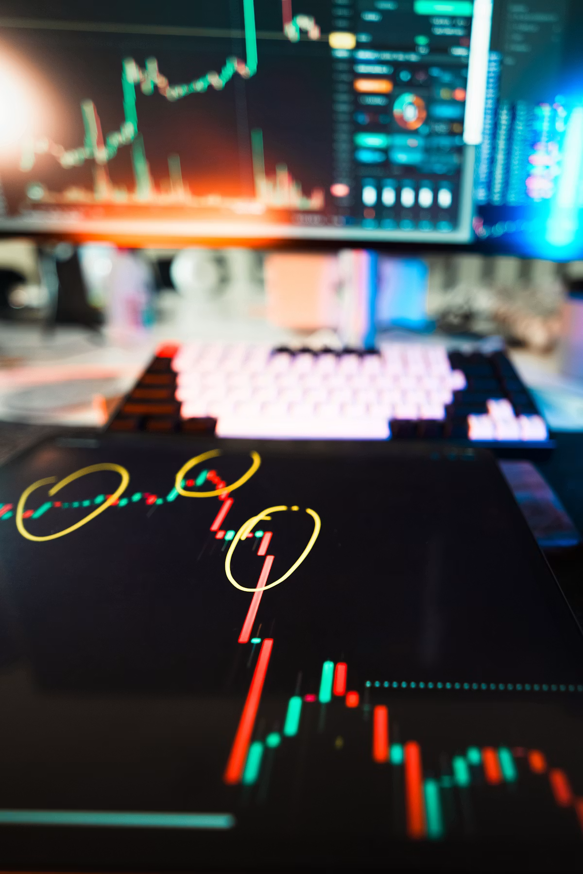 Stock market charts displayed across digital devices